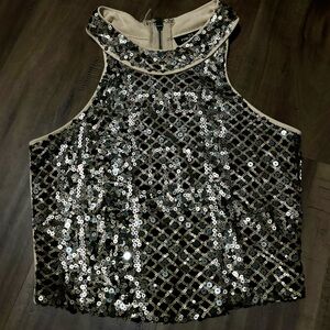 Black & Gold Sequin Mock Neck Crop Tank